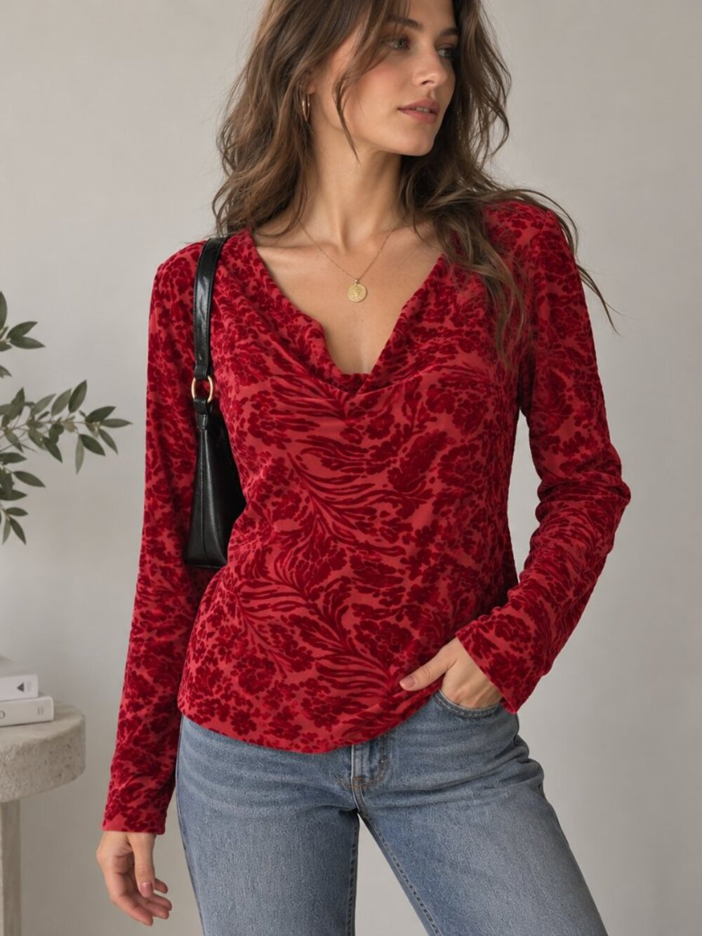 Jaclyn Smith XL Red Burgundy Burnout Velvet Devore Floral Y2K Top